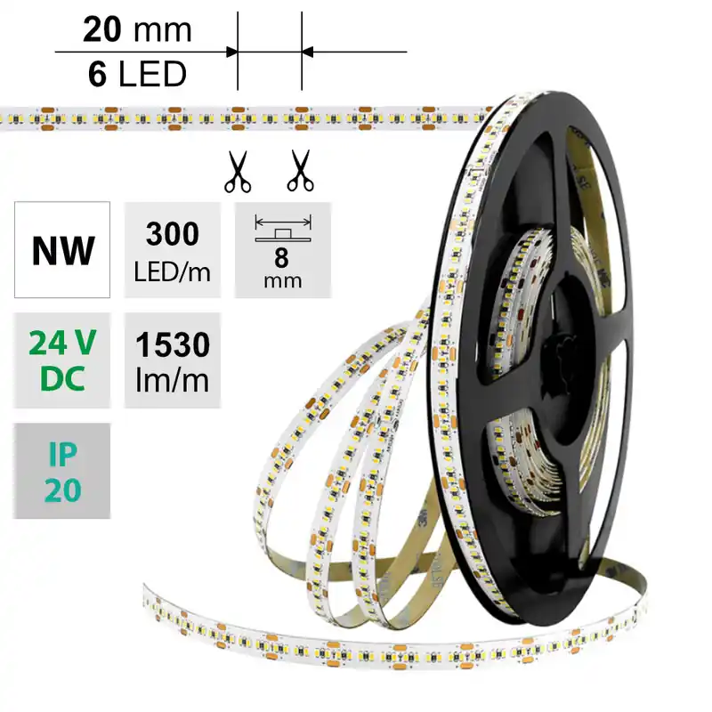 Značkový MCLED Pásek LED SMD2216 NW, 300LED/m, 18W/m, 1530lm/m, IP20, DC 24V, 8mm, 5m