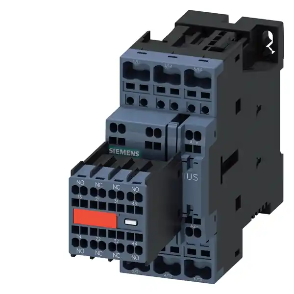 Zlevněný SIEMENS Stykač AC-3, 12A/5,5 kW/400V, 3pólový, DC 24V, 2 NO + 2 NC, pružinová svorka