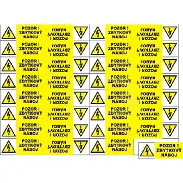 Štítek "Pozor zbytkový náboj" (7.1x2.7 aršík 32 ks) fólie 1 ks=1arch Levný