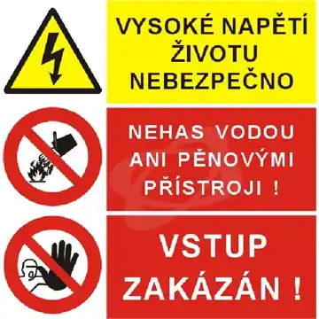 Štítek "Vysoké napětí životu nebezpečno/Nehas ..." (30x30cm) plast Výhodná Nabídka